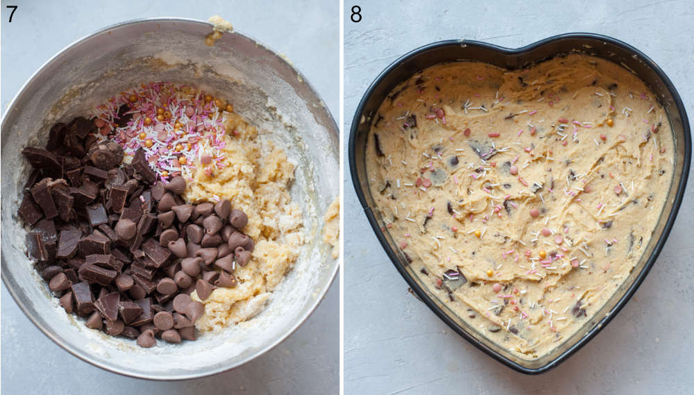 Cookie dough, chocolate chips and sprinkled in a bowl. Cookie dough with chocolate in a heart-shaped cake pan.