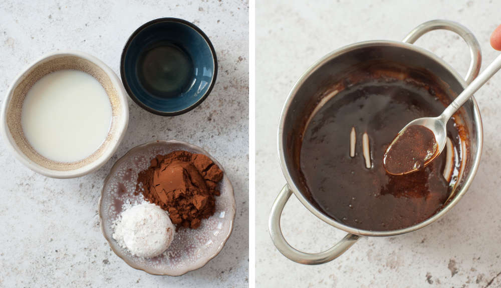 A collage of 2 photos showing how to make homemade mocha sauce.