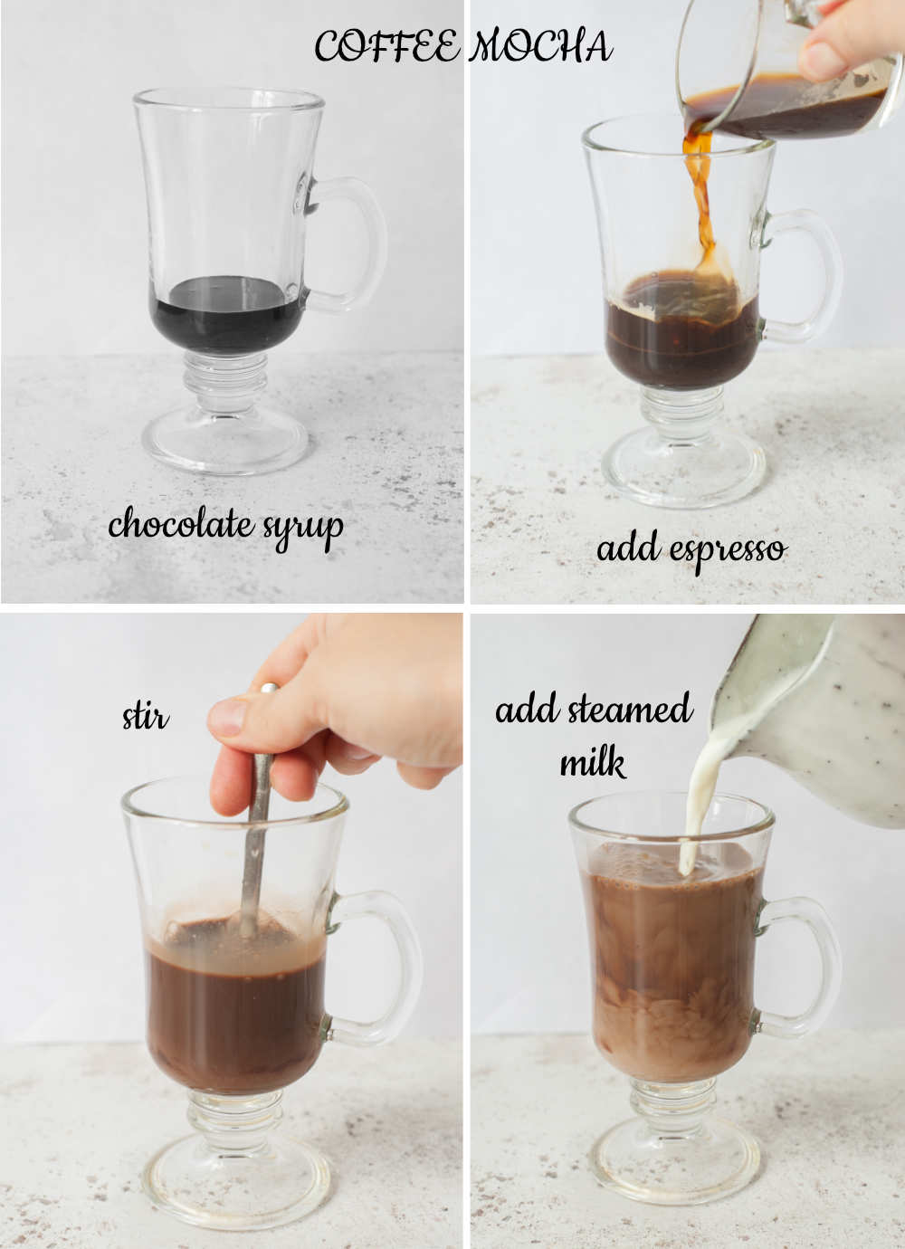 A collage of 4 photos showing how to make coffee mocha.