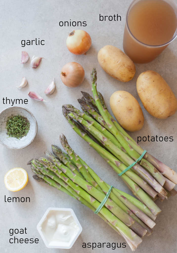 Labeled ingredients for cream of asparagus soup.