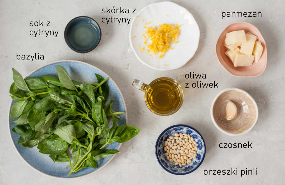 Składniki potrzebne do przygotowania cytrynowo bazyliowego sosu pesto.