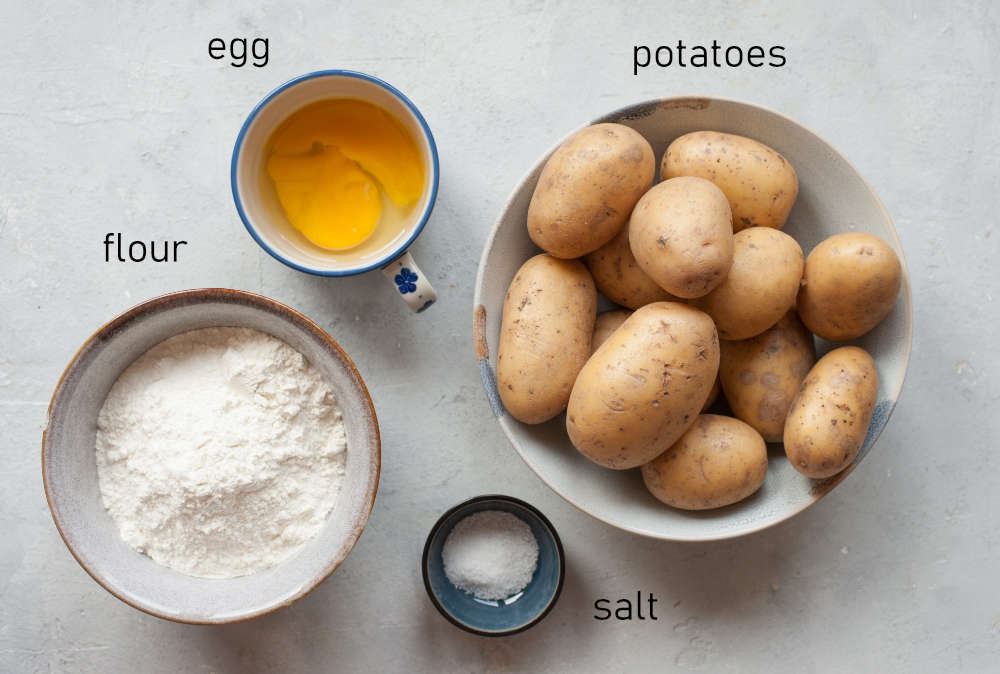 Labeled ingredients for Polish potato dumplings.