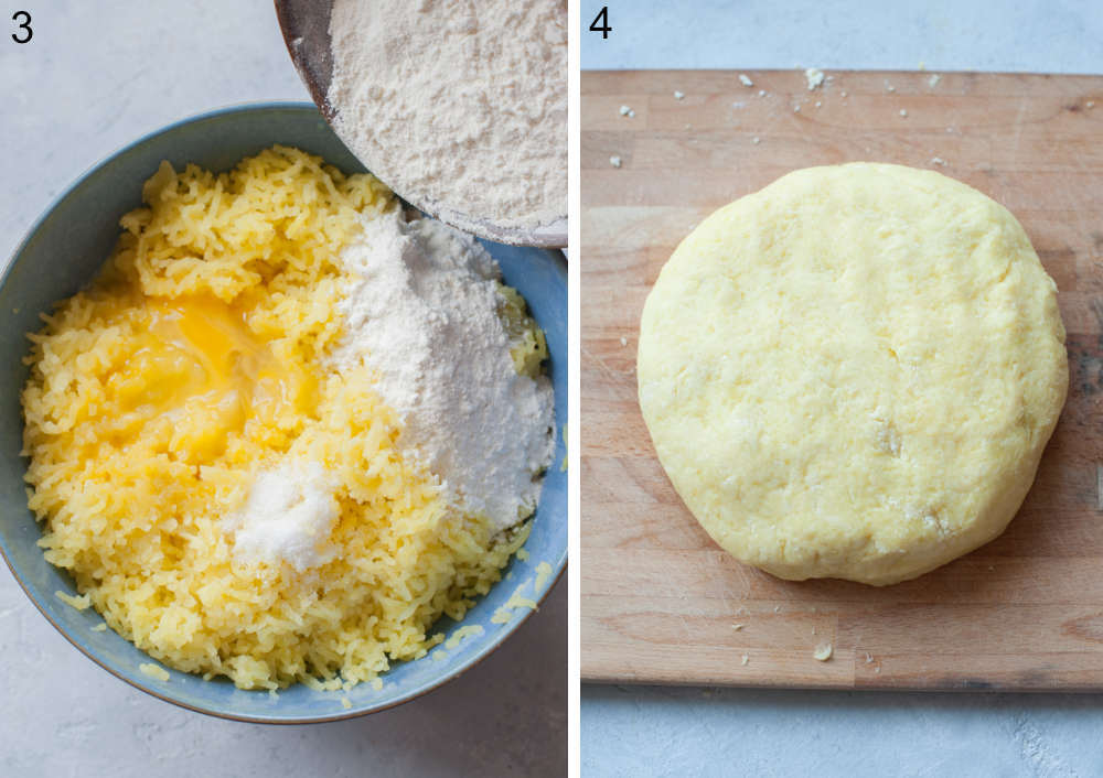 Flour is being added to mashed potatoes in a bowl. Dough for kopytka on a wooden board.