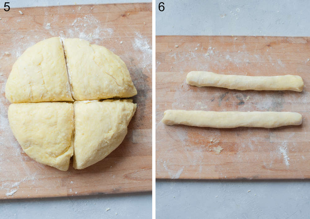 Dough for kopytka divided into 4 parts. Dough for kopytka shaped into logs.