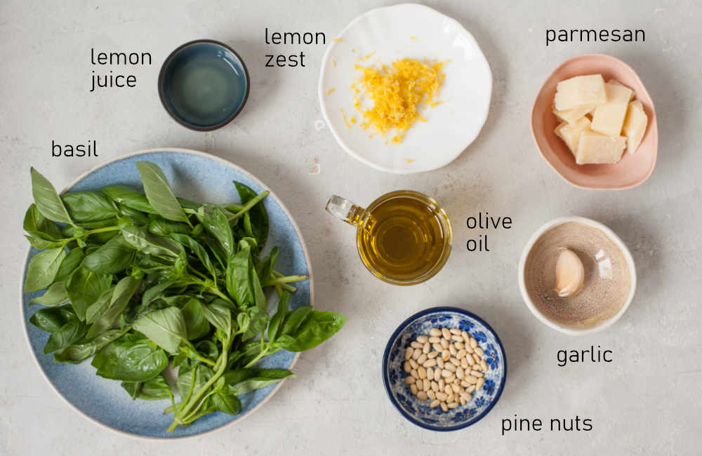 Labeled ingredients for lemon basil pesto sauce.