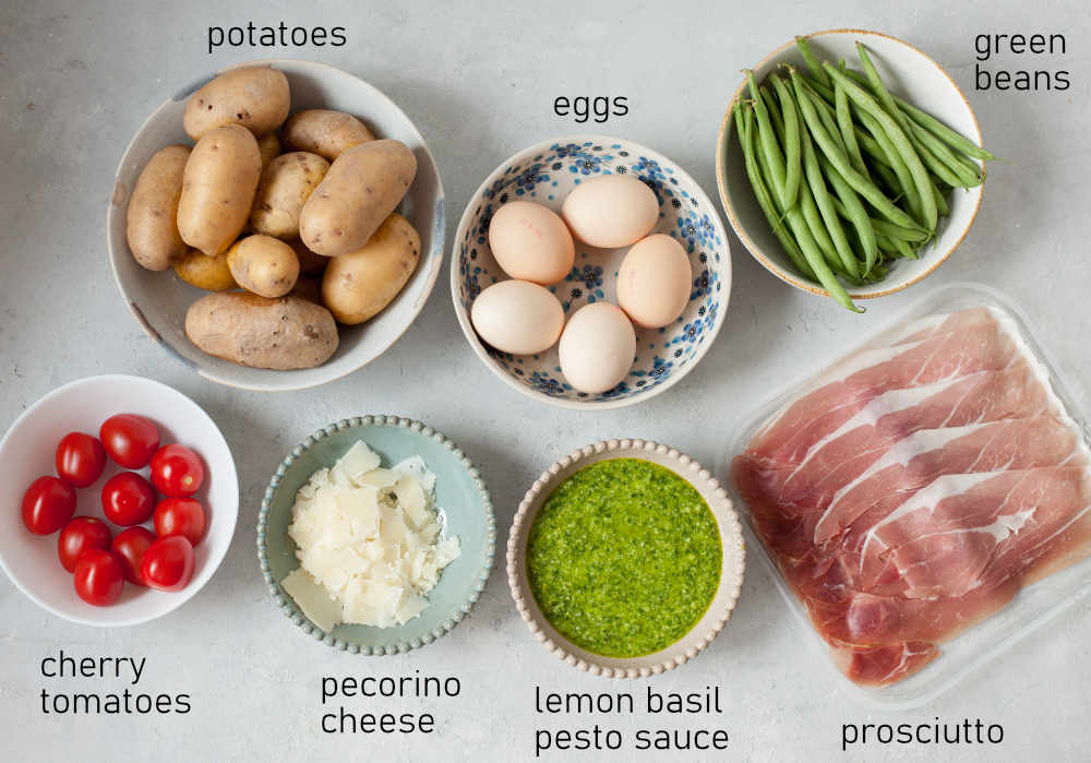 Labeled ingredients for pesto potato salad.