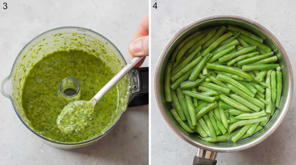 Lemon basil pesto sauce in a food processor. Green beans in a pot.