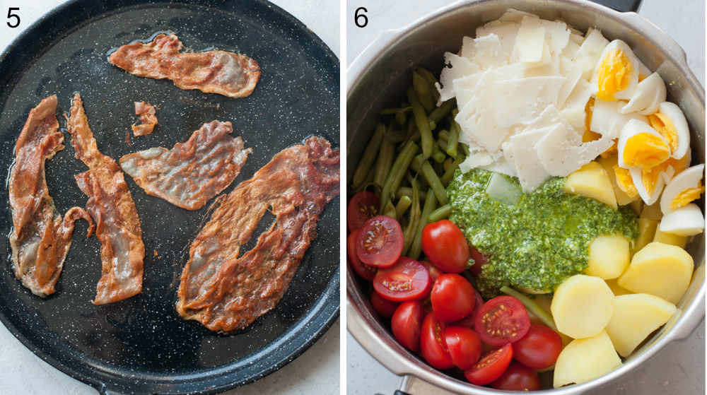 Prosciutto is being fried in a black pan. All the components of the pesto potato salad in a pot.