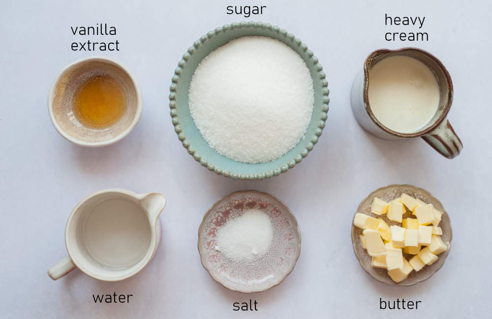 Labeled ingredients for salted caramel sauce.