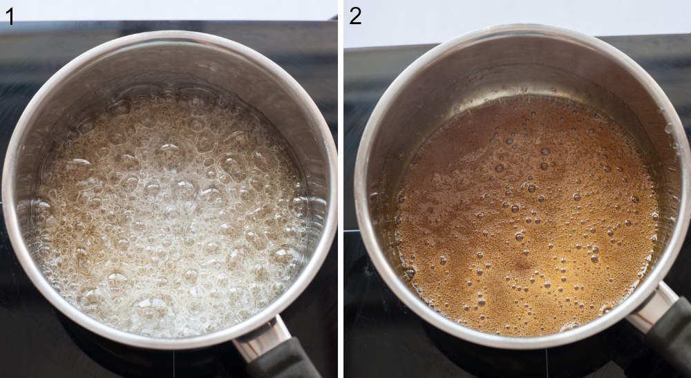 Water and sugar are being cooked in a pot. Caramel in a pot.