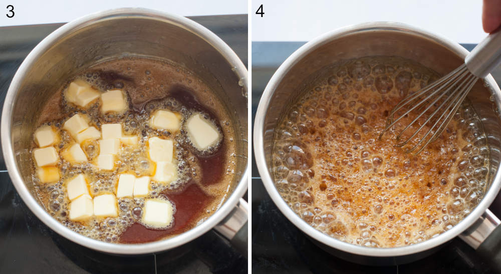 Caramel and butter in a pot. Caramel and butter are being whisked in a pot.