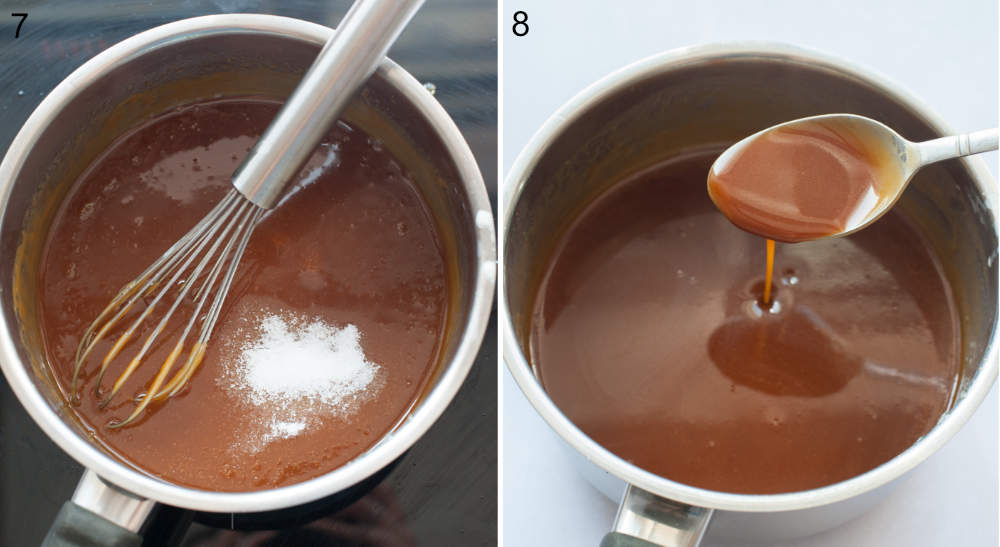 Salt added to a pot with caramel sauce. Caramel sauce spooned from a pot.