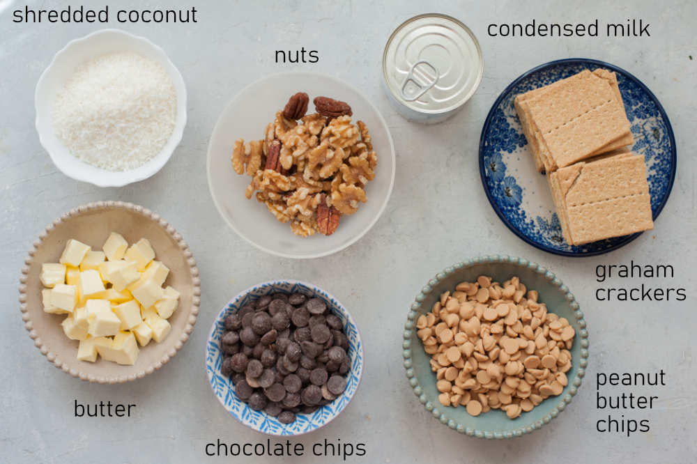 Labeled ingredients for 7-layer Magic Bars.