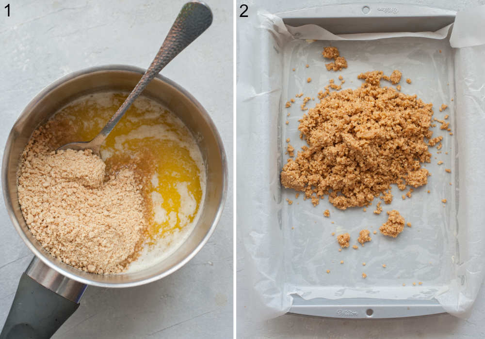 Melted butter and graham cracker crumbs in a pot. Mixed cookie crumbs with butter in a baking pan.