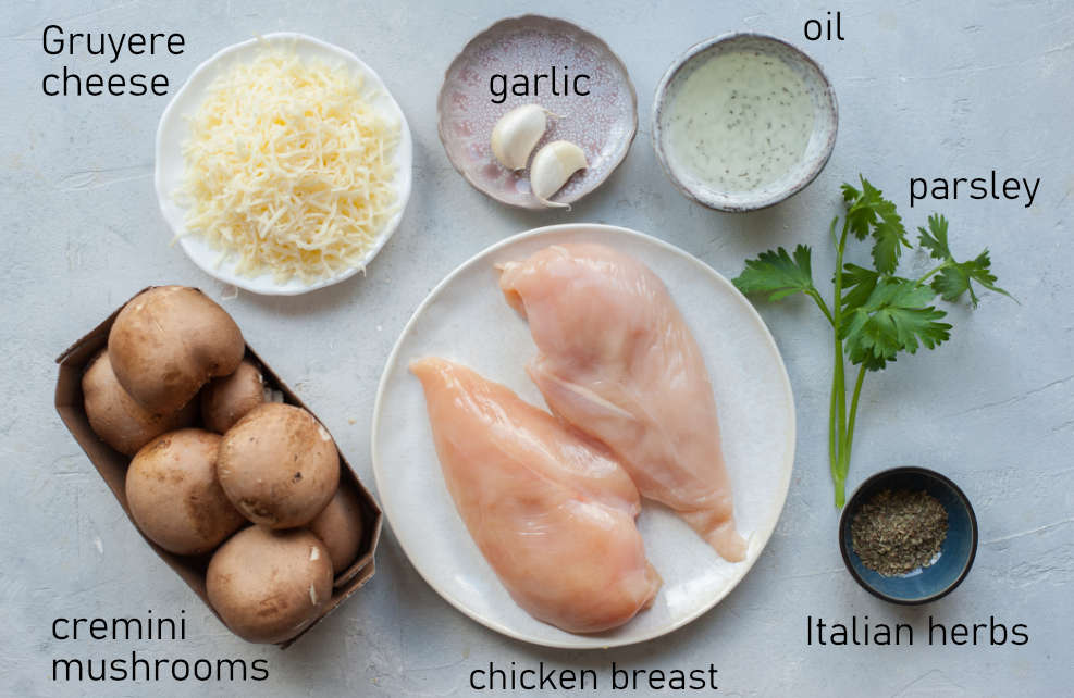 Labeled ingredients for mushroom stuffed chicken breast.