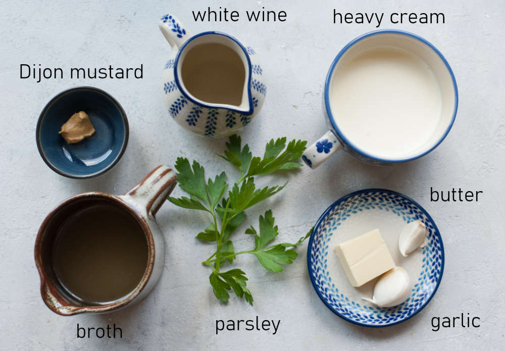 Labeled ingredients for creamy pan sauce.