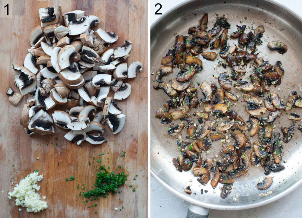 Chopped mushrooms, garlic, and parsley on a wooden board. Sauteed mushrooms in a pan.