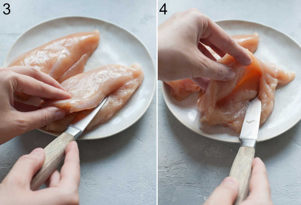 A collage of two photos showing how to cut a pocket in a chicken breast.