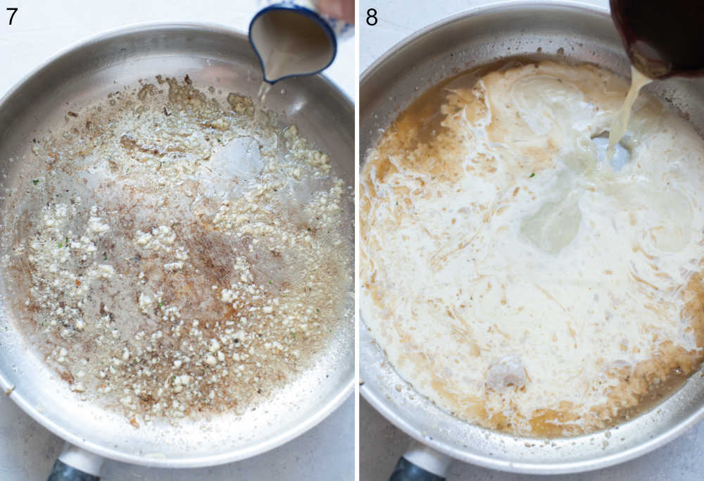 Wine and broth are being added to a pan.