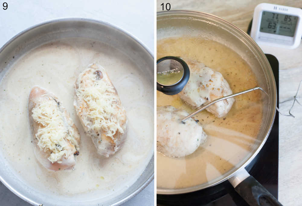 Chicken breasts topped with cheese and pan sauce in a pan. Temperature of chicken breasts in a pan is being measured with a grill thermometer.