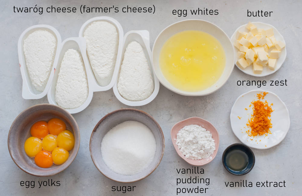 Labeled ingredients for cheesecake.