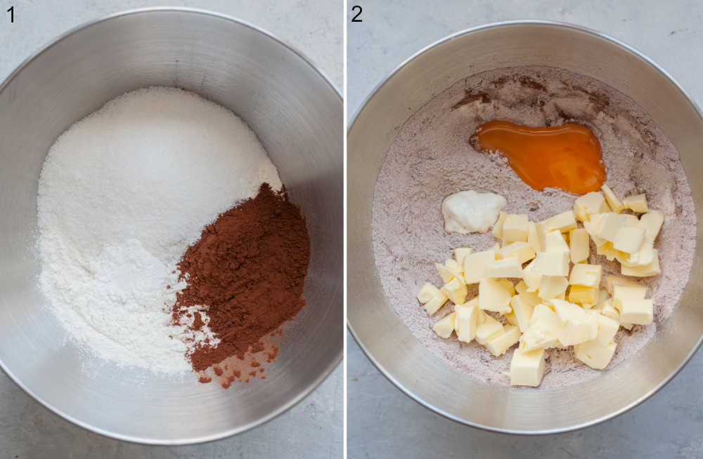 Flour and cocoa in a bowl. Cheesecake crust ingredients in a bowl.