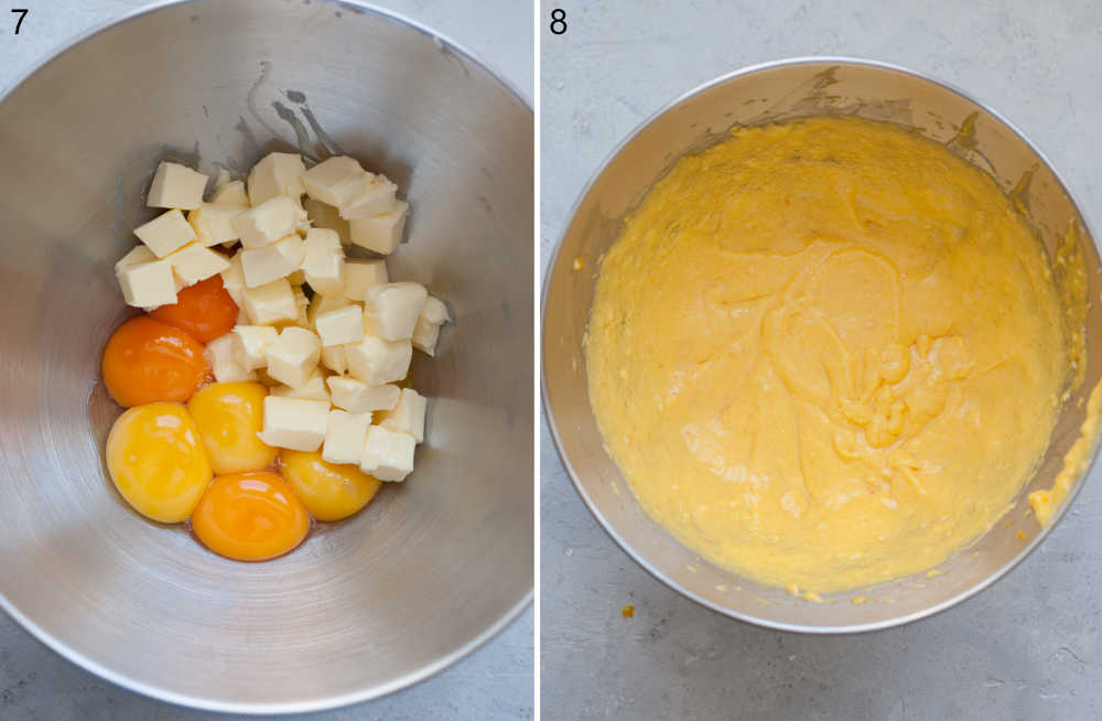 Egg yolks and butter in a bowl. Beaten egg yolks and butter in a bowl.