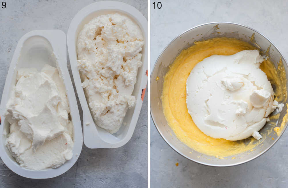 Twarog cheese in a plastic container. Pureed twarog cheese added to beaten egg yolks and butter in a bowl.