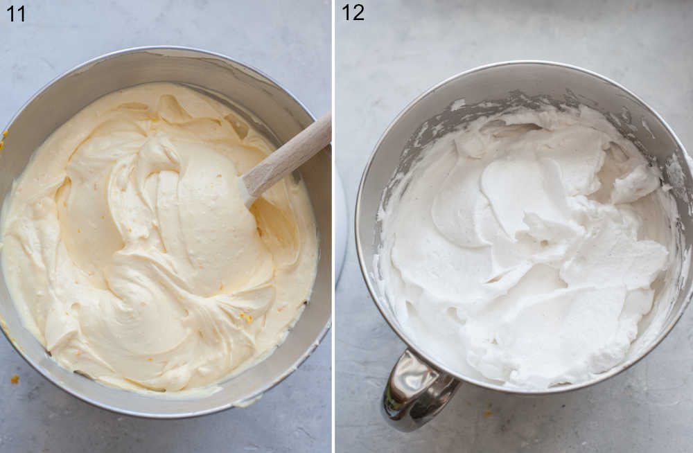 Cheesecake batter in a bowl. Beaten egg whites in a bowl.