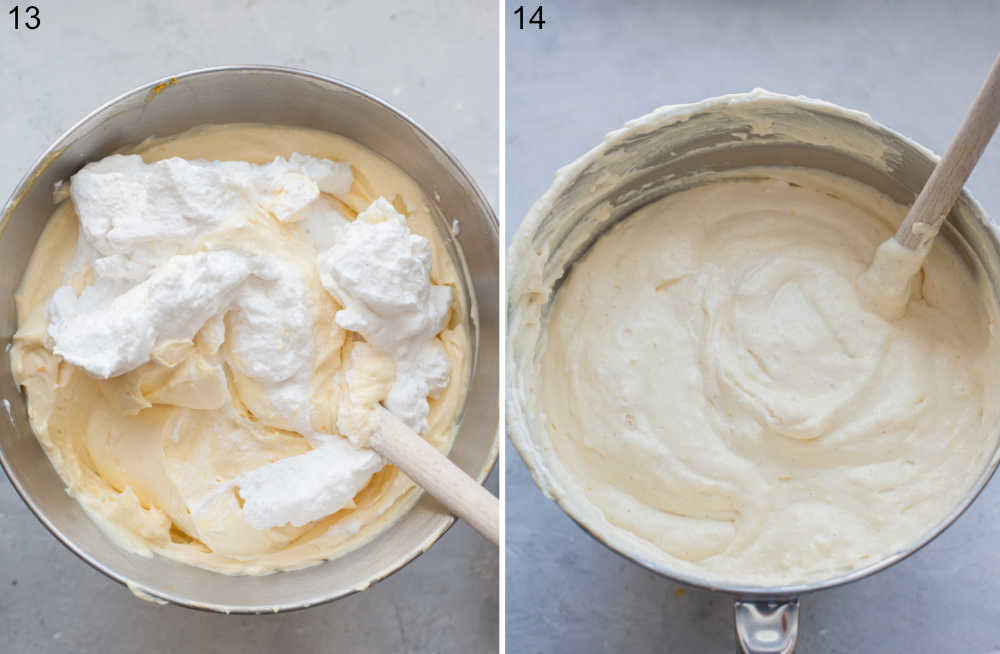 Beaten egg whites are being added to cheesecake batter.