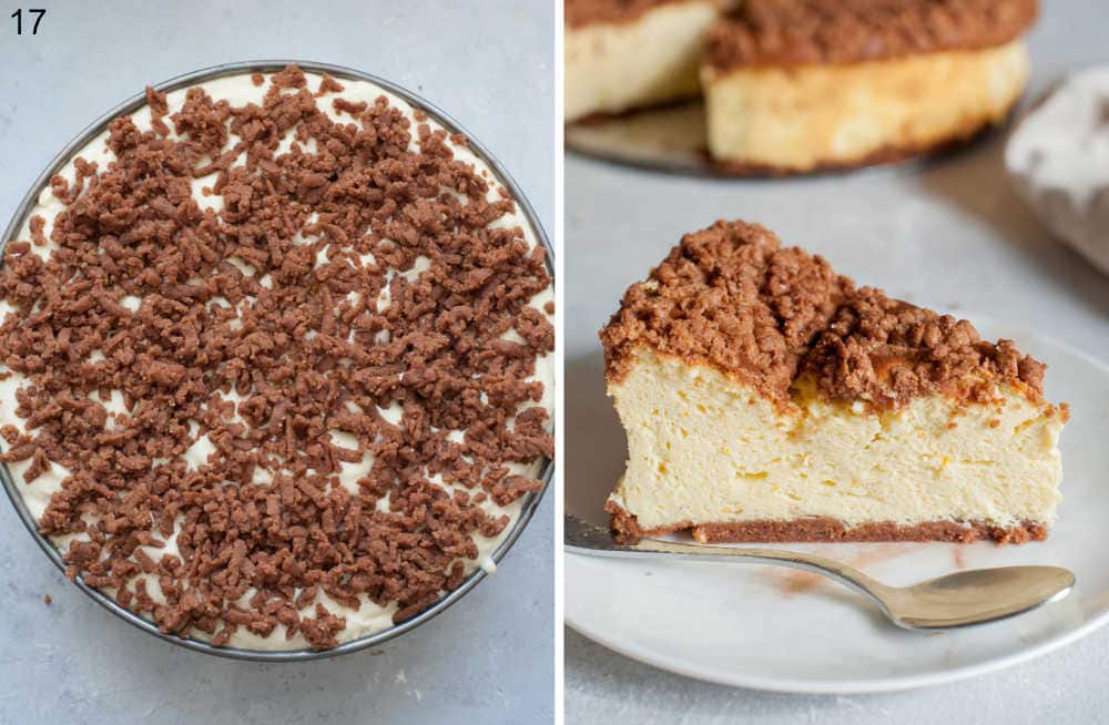 Unbaked cheesecake in a springform pan. Baked cheesecake on a plate.