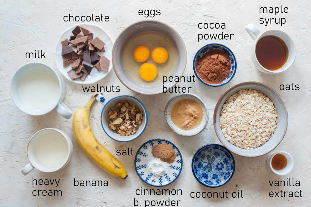 Labeled ingredients for baked chocolate oatmeal.