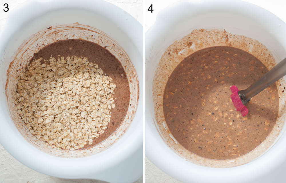 Oatmeal batter and oats in a white bowl. Oatmeal batter is being stirred with a spatula.