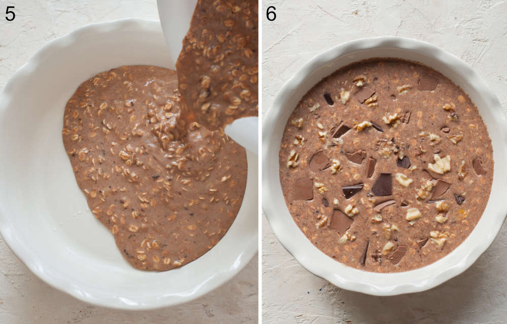 Oatmeal batter is being poured into a baking dish. Oatmeal batter in a baking dish topped with chocolate and nuts.