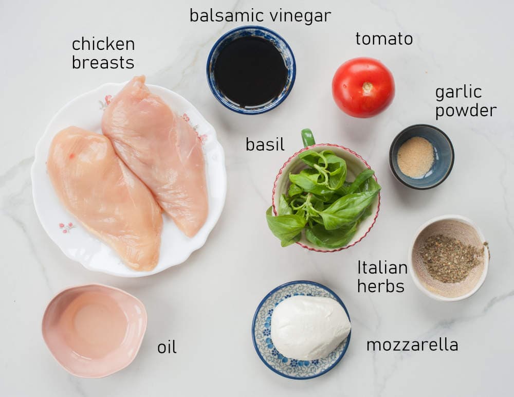 Labeled ingredients for Caprese chicken.