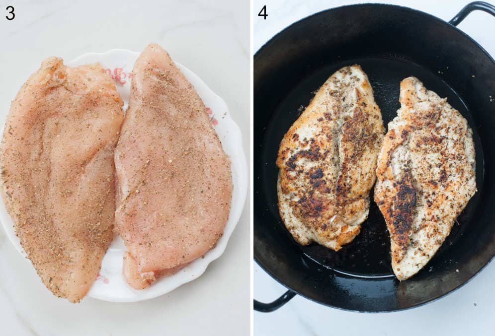 Chicken breasts seasoned with spices on a plate. Seared chicken breasts in a black pan.