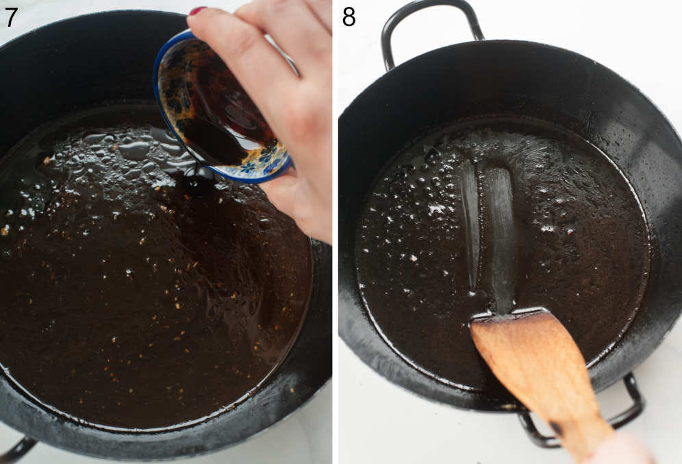 Balsamic vinegar is being added to a black pan. Balsamic sauce in a pan.