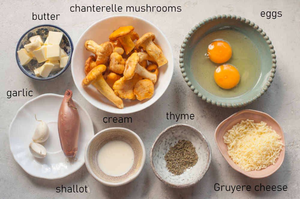 Labeled ingredients for chanterelle mushroom omelette.