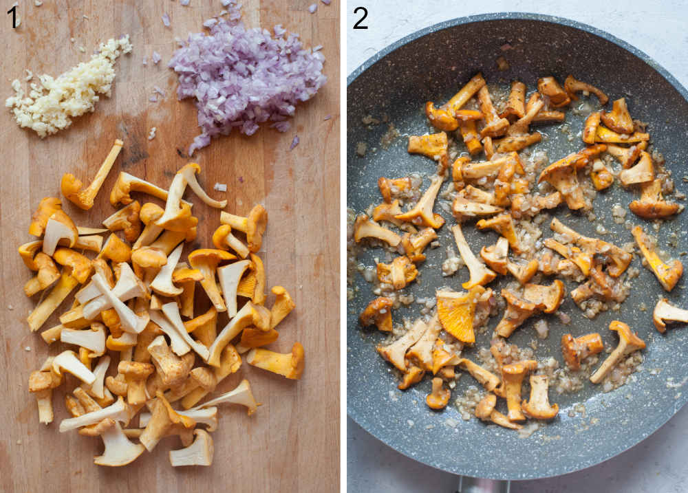 Chopped mushrooms, shallot, and garlic on a wooden board. Sauteed mushrooms, onions, and garlic in a pan.
