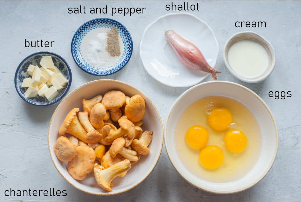 Labeled ingredients for chanterelle scrambled eggs.