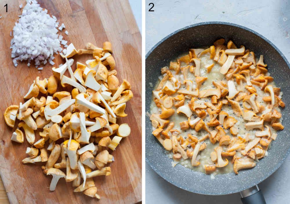 Chopped chanterelle mushrooms and onion on a wooden boards. Sauteed mushrooms and onions in a frying pan.