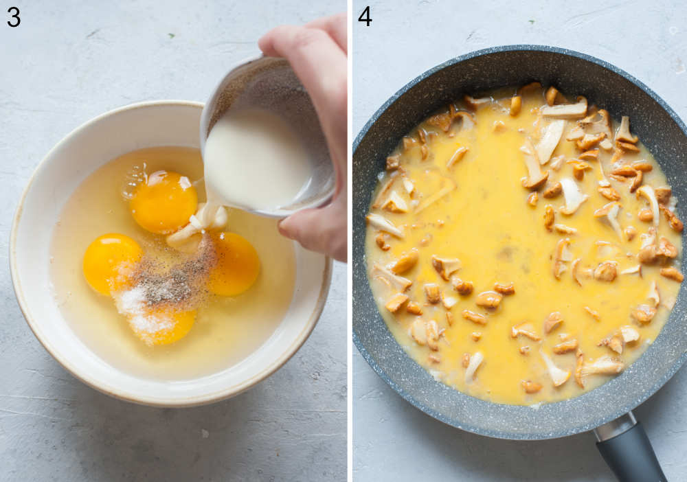 Cream is being added to eggs in a white bowl. Sauteed mushrooms and eggs in a frying pan.