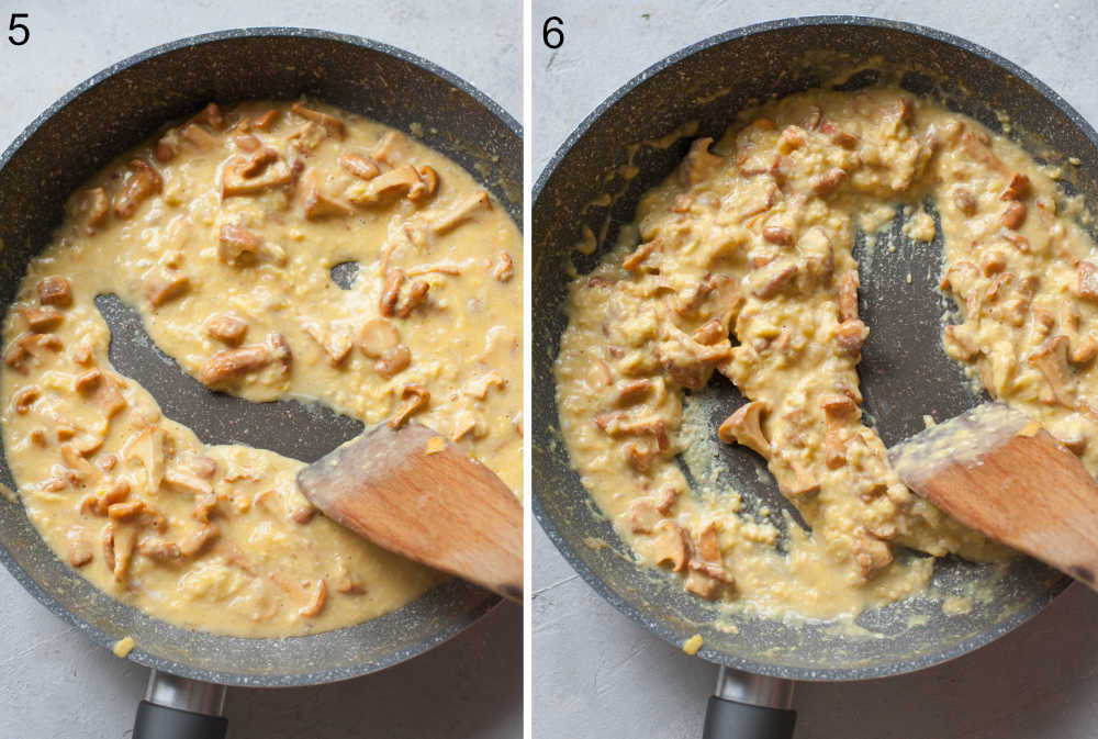 Chanterelle mushrooms scrambled eggs are being cooked in a pan.