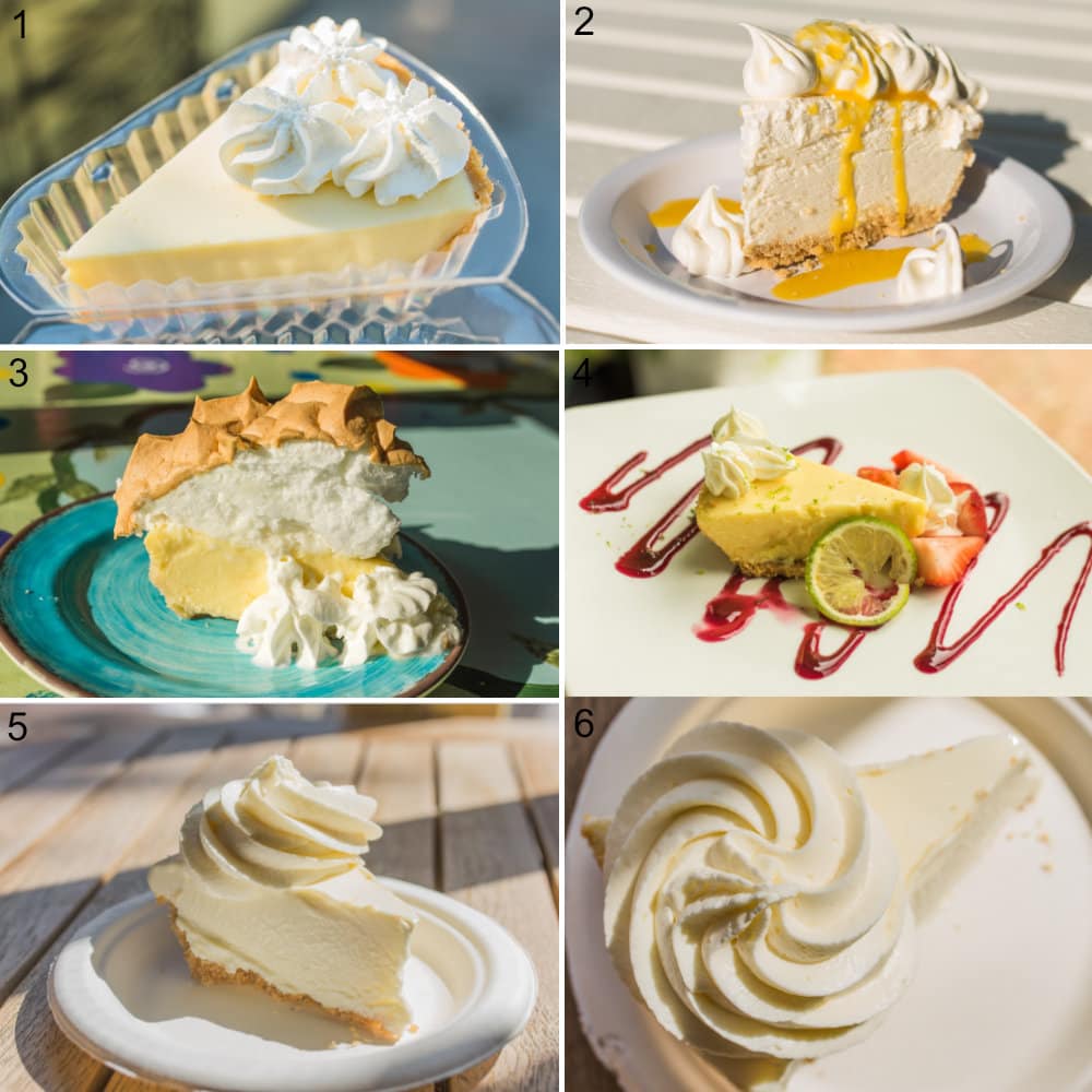 A collage of 6 photos showing different key lime pies in Florida Keys.