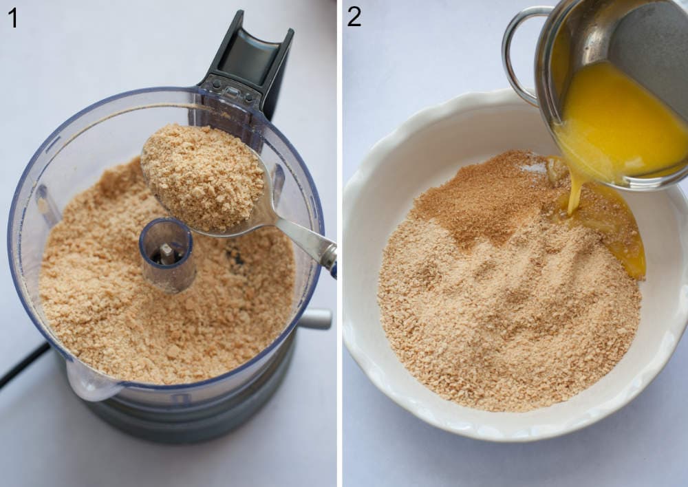 Graham cookies crumbs in a food processor. Butter is being added to graham cookie crumbs in a pie dish.