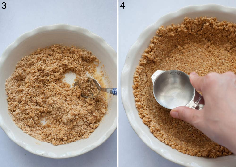 Graham cookie crumbs are being stirred with a spoon in a pie dish. Cookie crumbed are being pressed with a measuring cup.