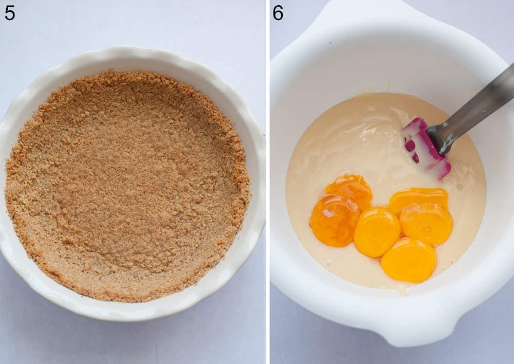 Graham cookie crust in a white pie dish. Egg yolks and sweetened condensed milk in a white bowl.