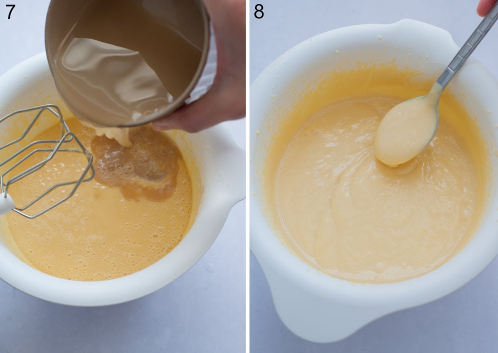 Key lime juice is being added to beaten egg yolks and condensed milk in a white bowl. Key lime filling in a bowl.