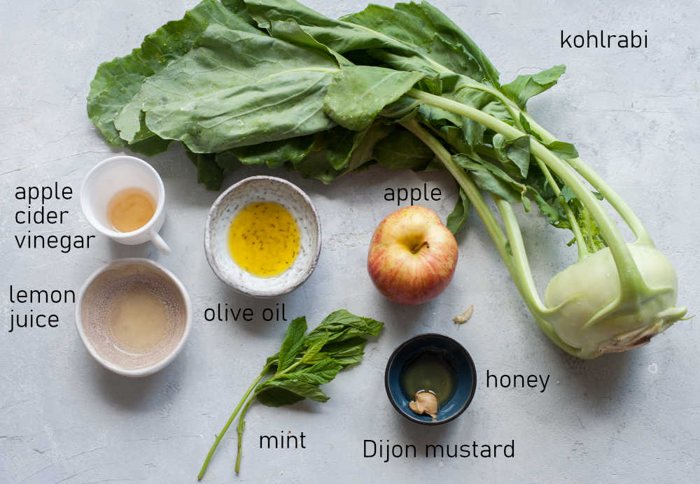 Labeled ingredients for kohlrabi slaw.