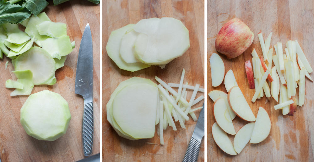 A collage of 3 photos showing how to cut a kohlrabi and an apple.